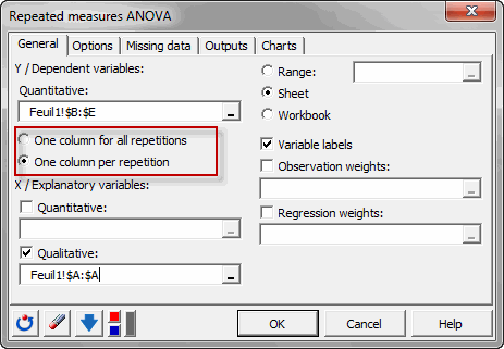 Repeated measures anova dialog box general