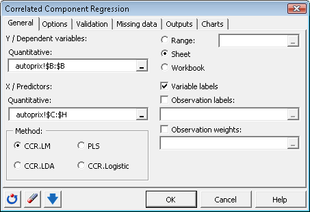 Correlated Component Regression General dialog box Correlated Component Regression General dialog box