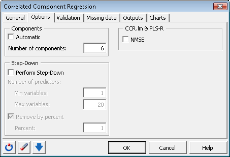 Correlated Component Regression Options dialog box Correlated Component Regression Options dialog box