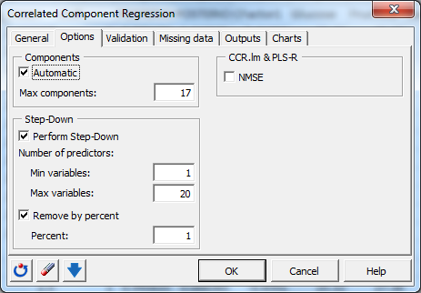 Correlated Component Regression Options Tab Correlated Component Regression Options Tab