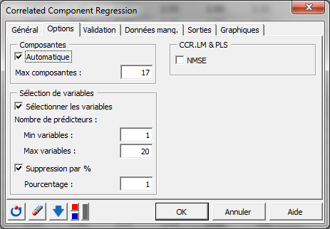 R&eacute;gression par les Composantes Corr&eacute;l&eacute;es : Boite de dialogue / Onglet option
