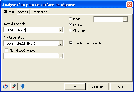 boite de dialogue analyse plans surface de reponse general