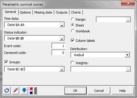 paramtric survival curve dialog box