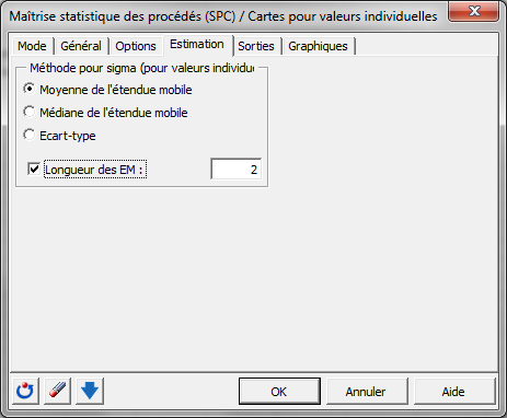 SPC Cartes pour valeurs individuelles- Bo&icirc;te de dialogue - Estimation