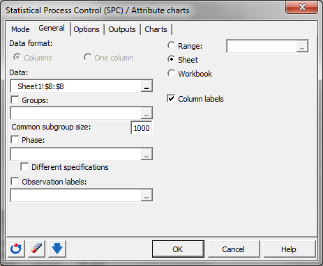 Attribute charts: Dialog box - General