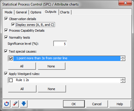 Attribute charts: Dialog box - Outputs