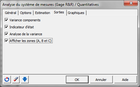 SPC analyse du systeme de mesures quantitatives : Bo&icirc;te de dialogue - Sorties