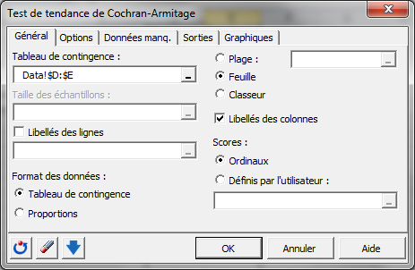 Test de tendance Cochran Armitage : Boîte de dialogue / Général Test de tendance Cochran Armitage : Boîte de dialogue / Général