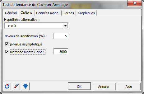 Test de tendance Cochran Armitage : Boîte de dialogue / Options Test de tendance Cochran Armitage : Boîte de dialogue / Options