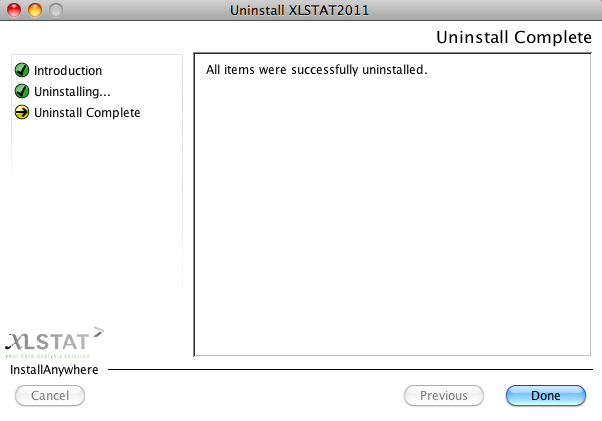Uninstall XLSTAT on Mac OS X - Uninstallation successful Uninstall XLSTAT on Mac OS X - Uninstallation successful