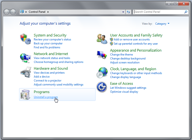 Control Panel - Uninstall a program